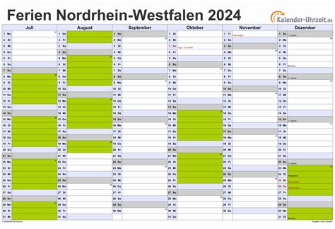 Ferien Nordrhein-Westfalen 2024 - Ferienkalender zum Ausdrucken