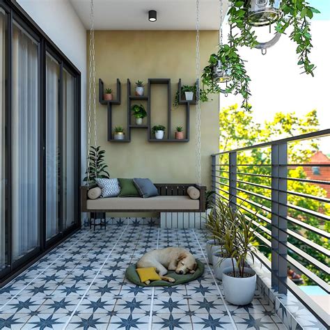 Modern Spacious Balcony Design With Blue And White Tiles | Livspace