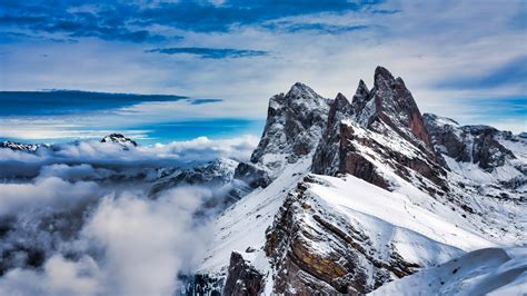 Seceda Mountain Wallpaper 4K, Winter, Peak, Alps mountains