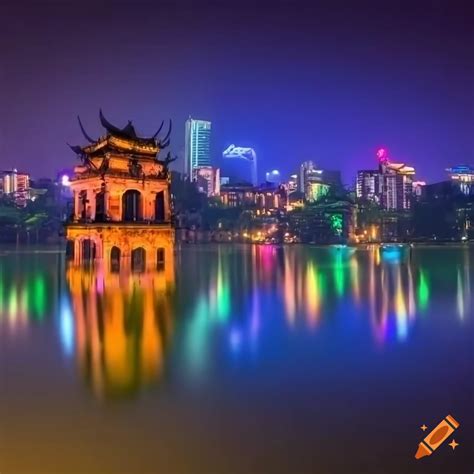 Neon-lit city skyline in hanoi