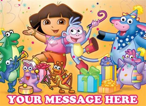 dora birthday card with cartoon characters and presents