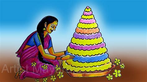 Telangana Women Making Bathukamma Drawing / How to Draw bathukamma ...