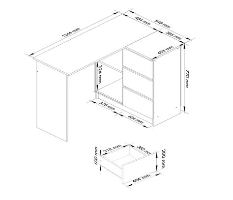 CORNER DESK B16 124 cm RIGHT 3 DRAWERS WHITE / HIGH-GLOSS WHITE ...