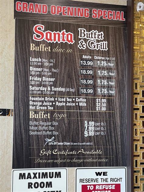 Menu at Santa Buffet & Grill restaurant, Santa Ana