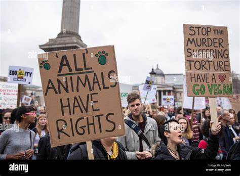 London, UK. 29th October, 2016. Animal rights activists march through Trafalgar Square en route ...