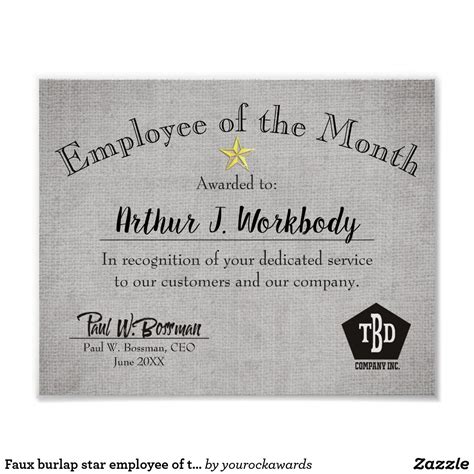 Faux burlap star employee of the month certificate Free Gift Certificate Template, Certificate ...