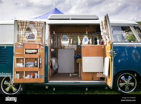 VW Split Screen Volkswagen camper van interior at a VW show. England Stock Photo - Alamy