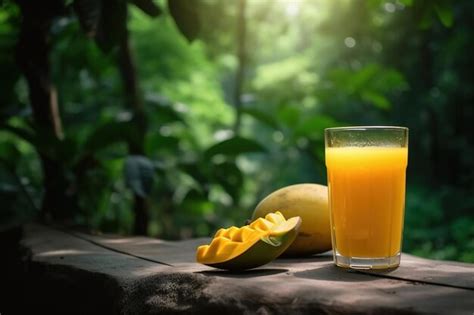 Premium AI Image | Mango juice and mango on a table in front of a green ...