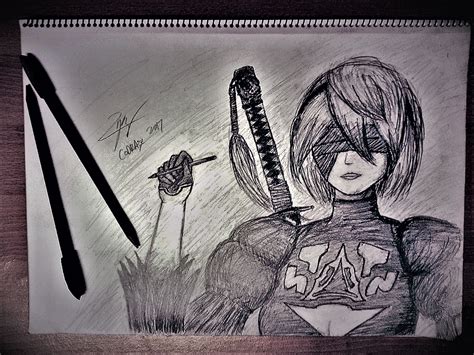 2B holding a 2B pencil, drawn with a 2B pencil by CODRAX on DeviantArt