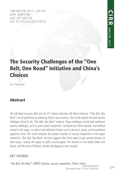 (PDF) The Security Challenges of the “One Belt, One Road” Initiative and China’s Choices