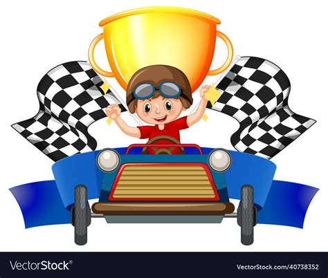 Winner boy in a race car on trophy background Vector Image