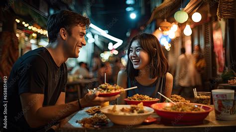 Young Asian couple traveler tourists eating Thai street food together ...