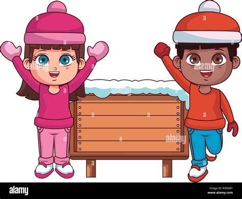 Boy and girl with winter clothes and wooden sign Stock Vector Image & Art - Alamy