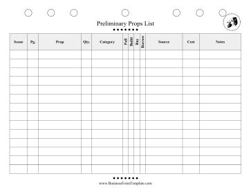 Preliminary Props List Template