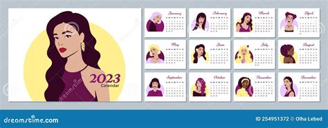 Calendar 2023 Template with Beautiful Women. Design of Calendar with Girls.Vector Illustration ...