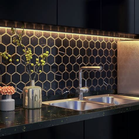 TileGen. Natural Nero 3" x 3" Marble Honeycomb Mosaic in Black/Gold ...