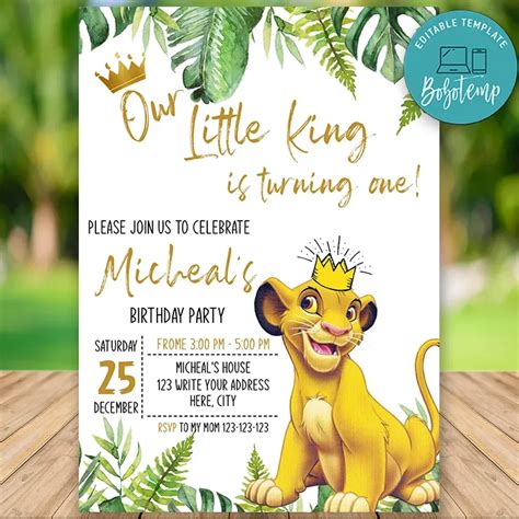 Printable Simba Lion King 1st Birthday Invitation DIY | Bobotemp