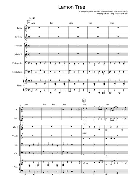 Lemon Tree Sheet music for Piano, Tenor, Baritone, Woodwinds (Other) (String Quintet ...