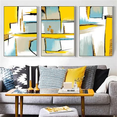 Abstract Yellow Geometric Pictures Nordic Minimalist Canvas Paintings Wall Art Poster Print ...