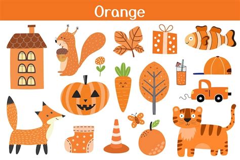 Premium Vector | Orange color objects set Learning colors for kids Cute ...