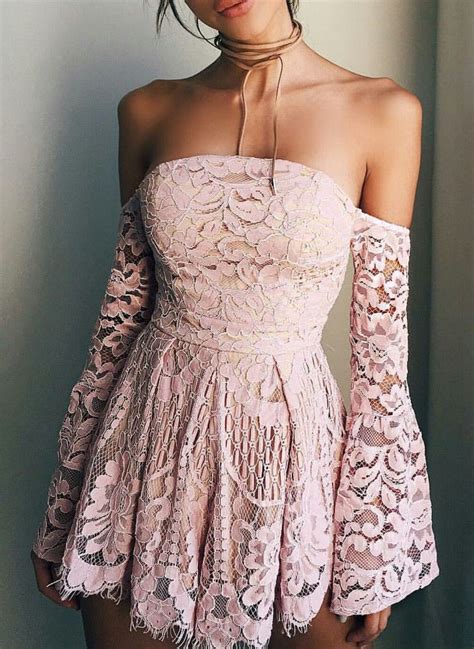 Hot Sale Blush Pink Lace Homecoming Dresses,Off The Shoulder Long ...