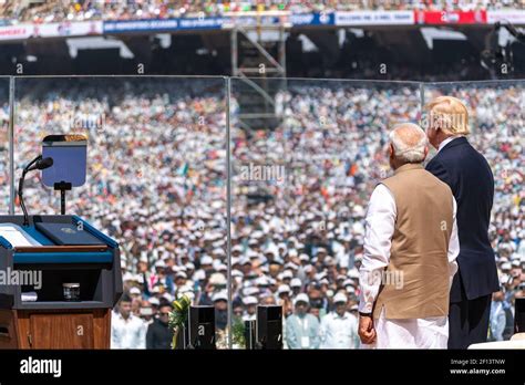 President Donald Trump and Indian Prime Minister Narendra Modi stand together on stage before a ...