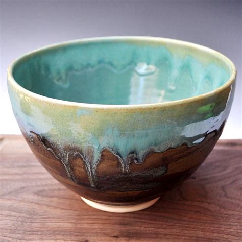 Ceramic bowl Noodle Bowl - handmade pottery bowl pottery Farmhouse Morning Turquoise and Khaki ...