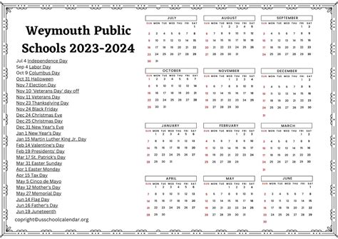 Weymouth Public Schools Calendar with Holidays 2023-2024