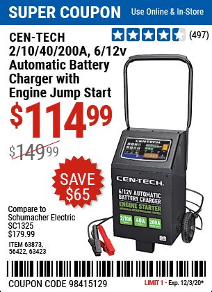 CEN-TECH 2/10/40/200 Amp 6/12V Automatic Battery Charger with Engine ...