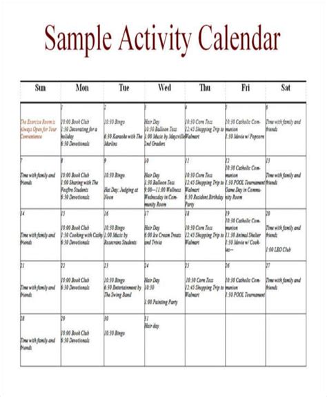 Sample Activity Calendar Template | Calendar activities, Calendar ...