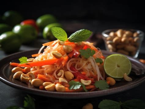 Premium AI Image | A plate of papaya salad with peanuts and limes on a ...