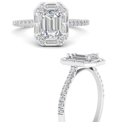 Art Deco Emerald Cut Halo diamond Engagement Ring In 14K White Gold | Fascinating Diamonds