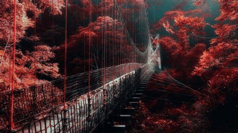 Bridge Between Red Autumn Trees HD Dark Aesthetic Wallpapers | HD Wallpapers | ID #45561