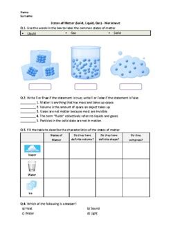 Solids Liquids And Gases Worksheets