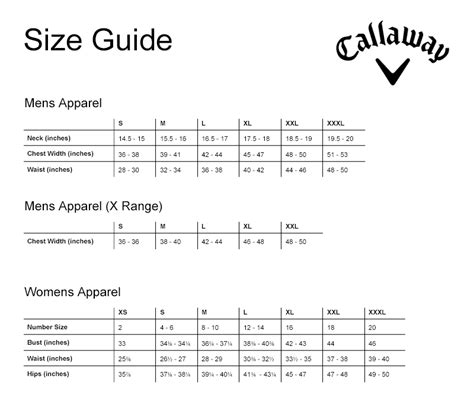 callaway ladies size chart - Keski