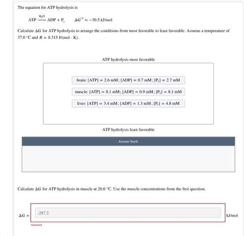 Solved The equation for ATP hydrolysis is HO ATP ADP + P AG' | Chegg.com