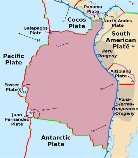 a map of the south american plate with major cities and their boundariess in red