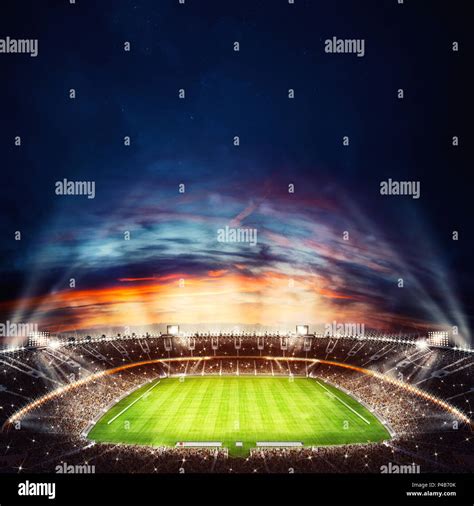 Top view of a soccer stadium at night with the lights on. 3D Rendering Stock Photo - Alamy