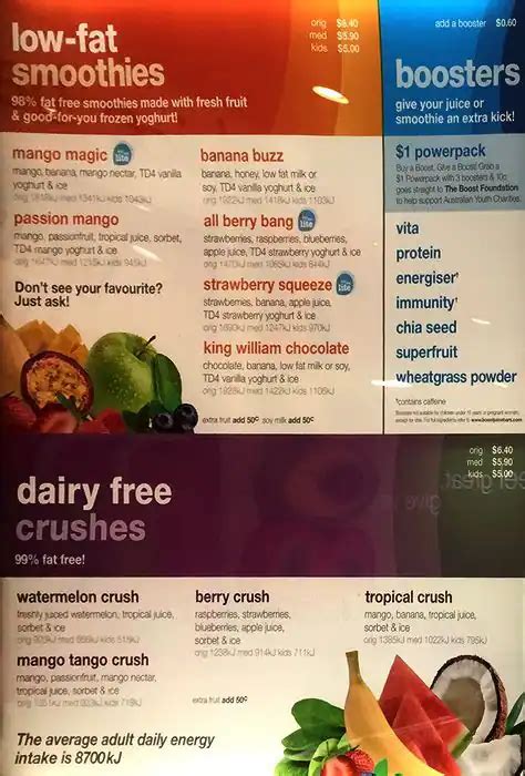 Boost Juice Menu, Menu for Boost Juice, Surfers Paradise, Gold Coast - Urbanspoon/Zomato