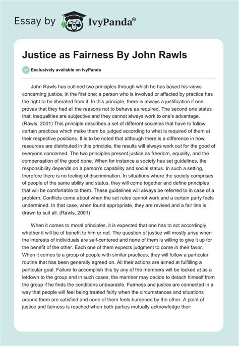 Justice as Fairness By John Rawls - 1456 Words | Essay Example