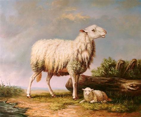 a painting of a sheep and her lamb by a stream