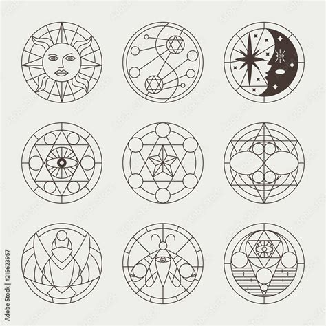 Mystical occult tattoos, witchcraft circles, sacred signs, elements and ...