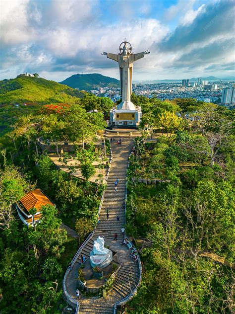 Premium Photo | Top view of Vung Tau with statue of Jesus Christ on ...