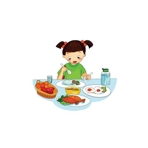 linda dibujos animados contento niña comiendo sano frutas y vegetal alimento. niños disfrutar ...