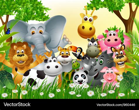 Funny animal cartoon in the jungle Royalty Free Vector Image