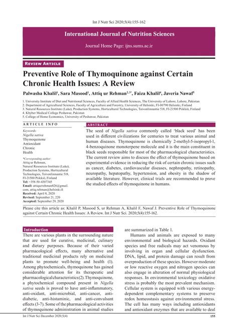 (PDF) Preventive Role of Thymoquinone against Certain Chronic Health Issues: A Review