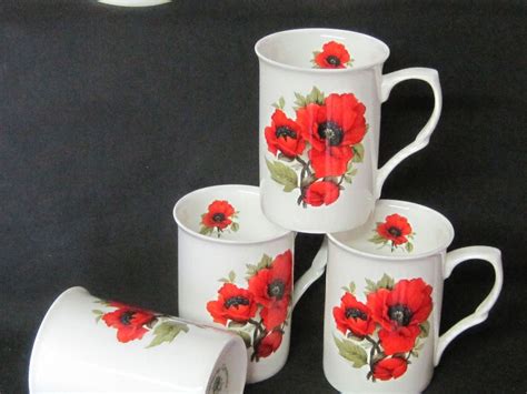 AUTUMN POPPY SET of FOUR ENGLISH MADE FINE BONE CHINA MUGS ADDERLEY ...