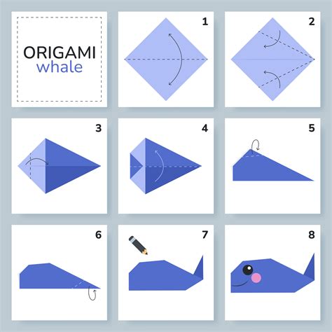 Whale origami scheme tutorial moving model. Origami for kids. Step by step how to make a cute ...