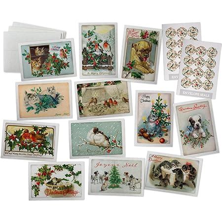 Amazon.com : Cute Animals Vintage Christmas Cards - 24 Antique Christmas Cards & Vintage Sticker ...