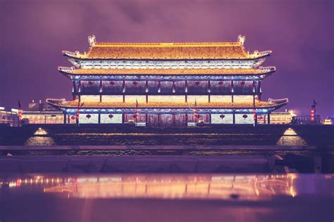 Xian City Wall Ancient Building at Night, China. Stock Image - Image of ...